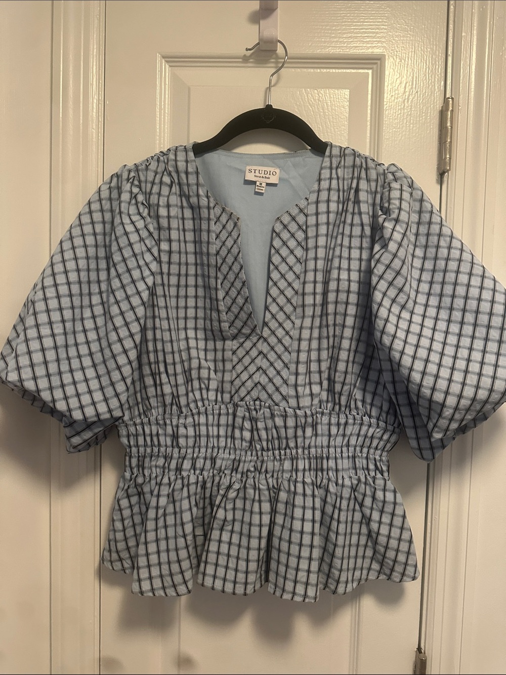 STUDIO Blue & Navy Windowpane Peplum Top